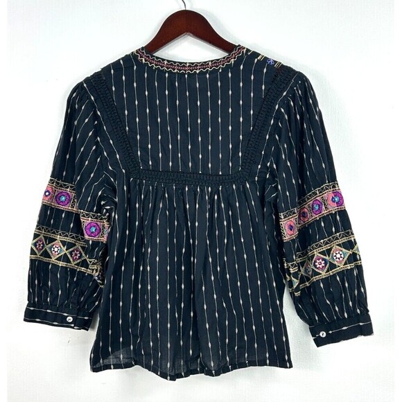 Ultra Pink Women L Top Black Gold Embroider Puff Sleeve Tassel Boho Festival N1 - Picture 5 of 12